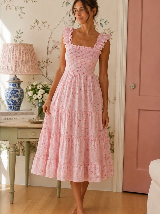 Hill House Dresses & Skirts - Hill House Nap Dress in Bridgerton Pink Floral Smocked Ruffle Tiered Small